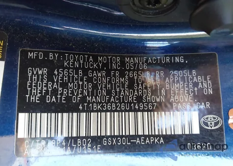 2006 Toyota Avalon Limited z USA, uszkodzony, nr VIN 4T1BK36B26U149567